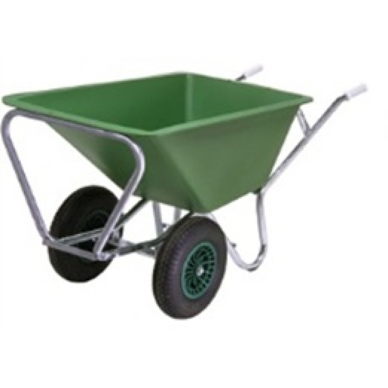 kruiwagen kunststof bak 160liter verzinkt onderstel dubbele wielen  met 2 stalen velg en 2 gele anti lek polyurethaan wielen - KRUIW-20287RB